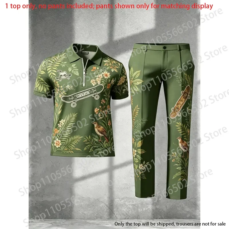 

1 top (without pants)-Men's half zip short sleeve polo shirt,3D floral bird print,summer casual men tops,only shirt