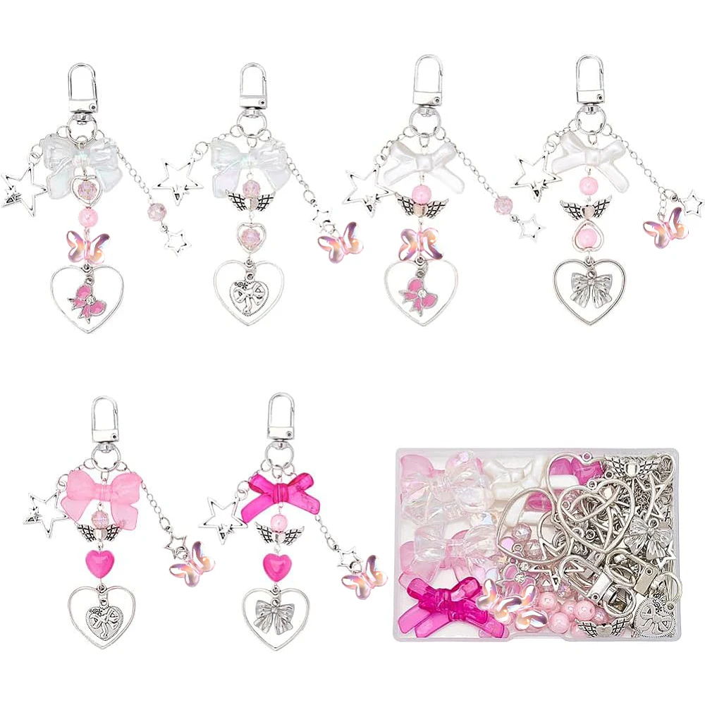 1 Box 171Pcs Keychains Making Kit Bowknot Heart Charms Love Romantic Bowknot Beads Key Chain Pink Beads Acrylic Glass Spacers