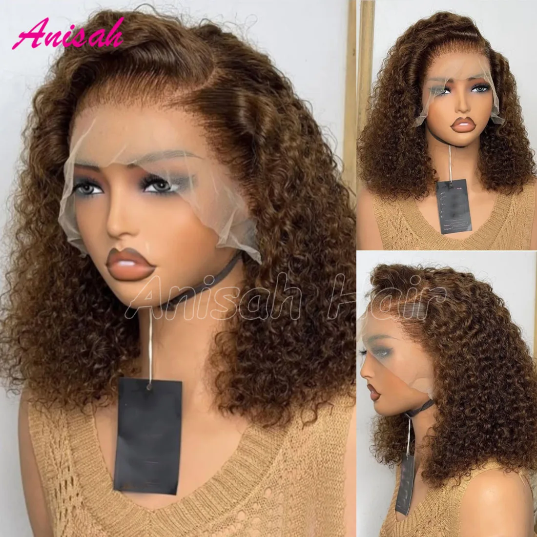 

Brazilian Virgin Hair Glueless Lace Closure Wig Brown Colored 13x4 Lace Front Human Hair Short Bob Curly Wigs For Women