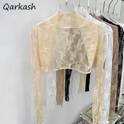 Women Shirts Elegant Hollow Out Long Sleeve Thin Floral Embroidery Slim Party Temperament Design Hign Street Casual Summer Chic