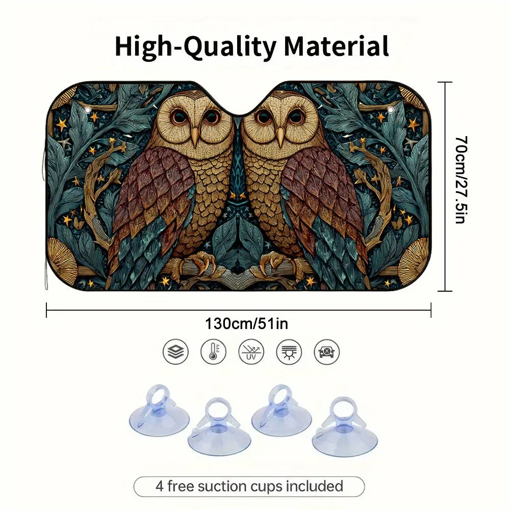1pc Of Symmetrical Owls Surrounded By Stars And Leaves Windshield Sun Protector: 1pc Car Sun Protector, Vehicle Interior Additio