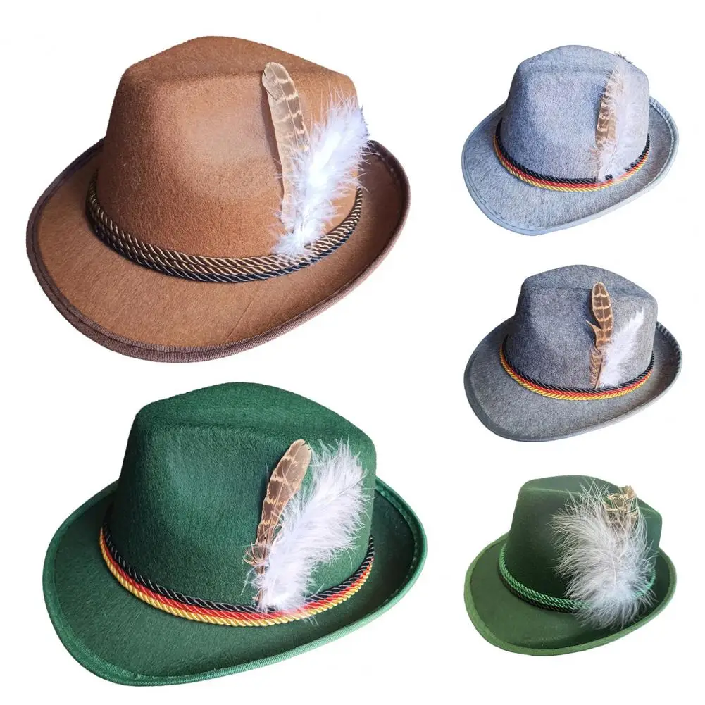 Men Fedora Retro Jazz Hat Feather And Rope Decor Curved Edge Solid Color Oktoberfest Party Festivals Holiday Bowler Cap 재즈 모자