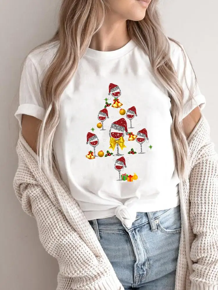 Merry Christmas Women Holiday Shirt Clothing Print T Top Wine Love Cartoon Graphic T Tee Fashion 2025New Year T-shirts