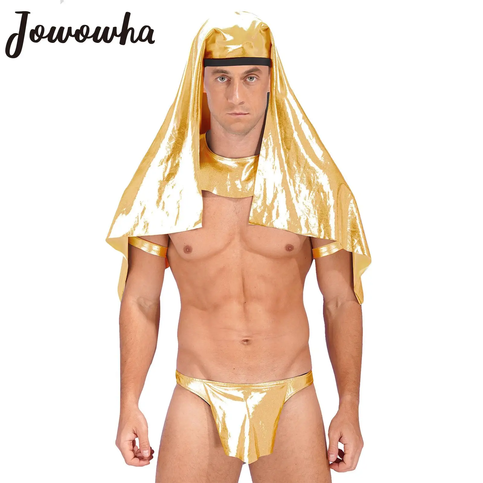 

Mens Egyptian God King Costume Halloween Cosplay Outfit Metallic Shiny Headpiece Collar Armbands Low Rise Bulge Pouch G-string