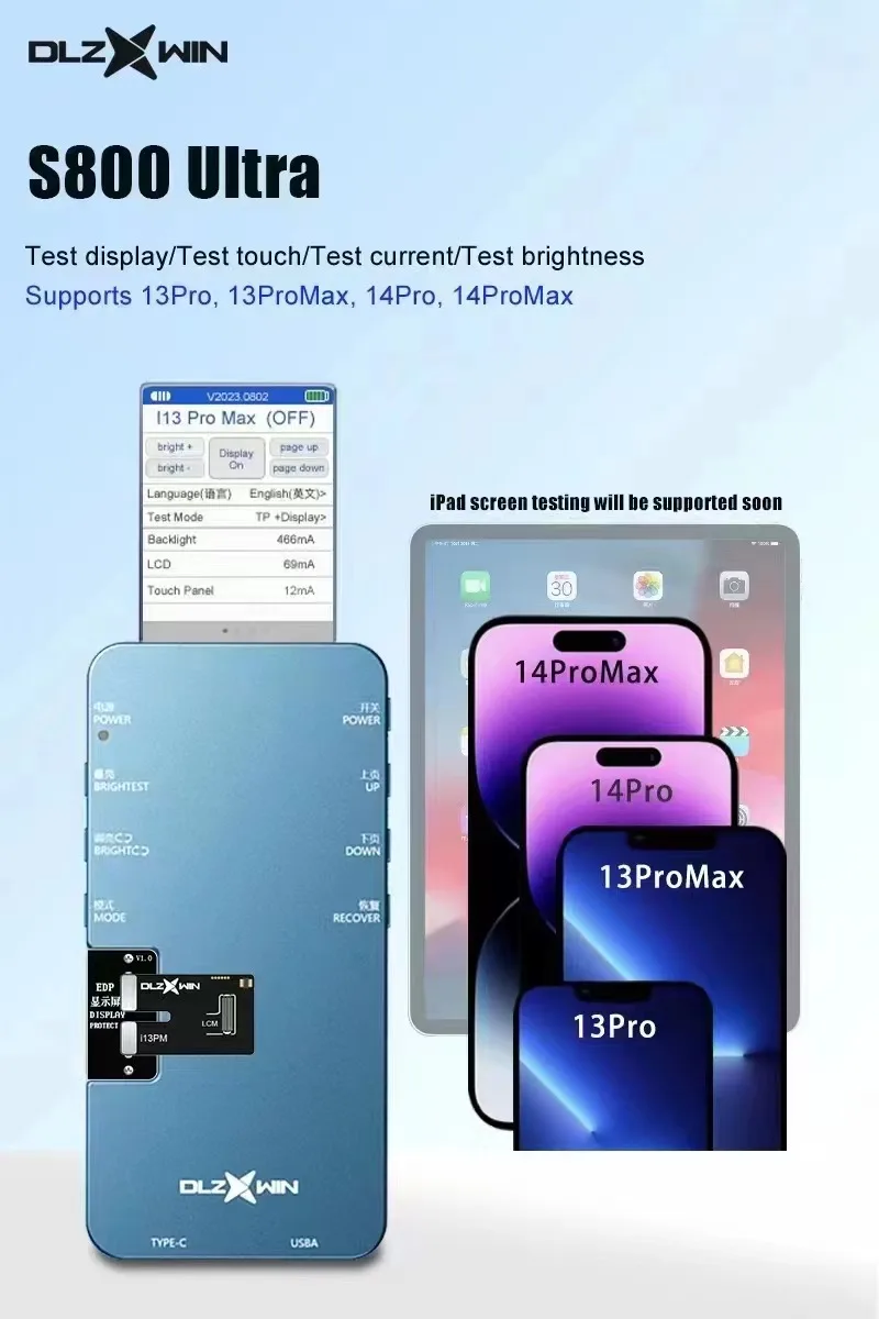 

S800 Ultra LCD Tester For IP 14Pro 14 Pro Max 13Pro 13 Pro Max Test Display/Touch/Current/Brightness Support iPad Tester Box