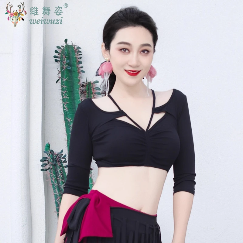 

Одежда для практики танца живота для женщин, мягкий и удобный эластичный топ с короткими рукавами, профессиональная тренировочная одежда для восточных танцев