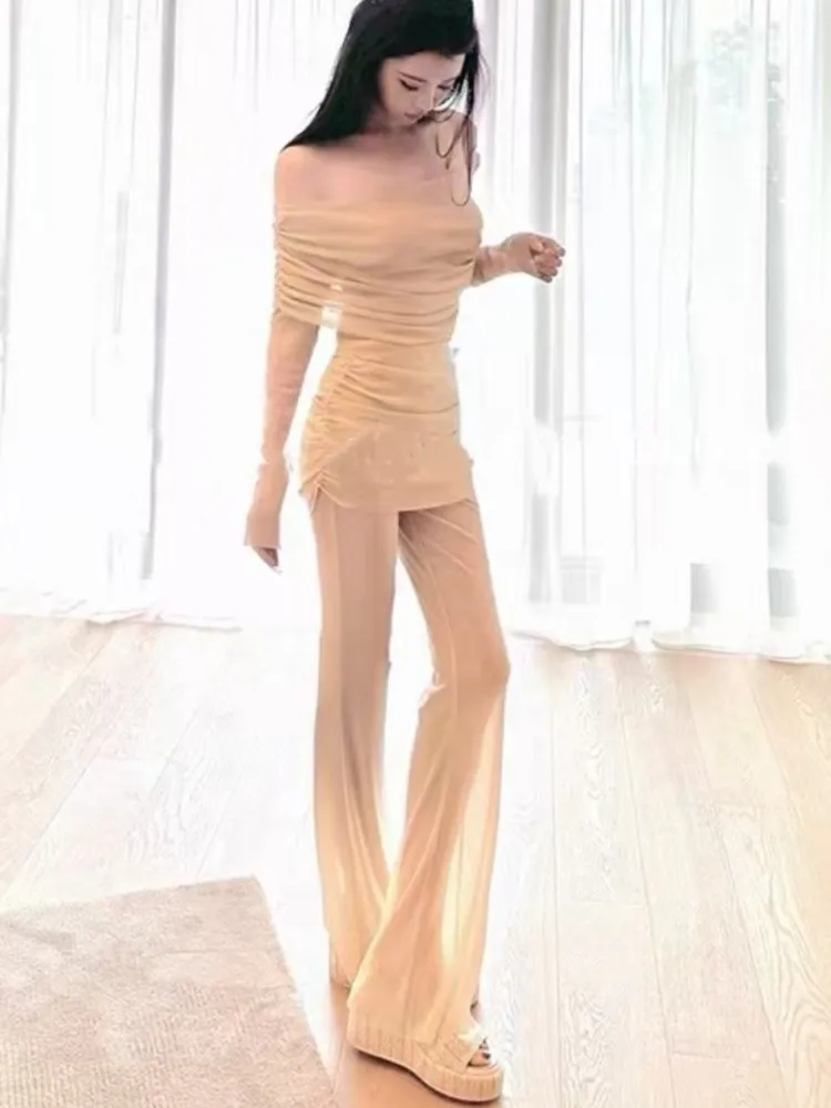 

French Style Y2K Elegant Fashion 2 pieces Sets Slimming Swing Collar Elastic Mesh Casual Korean Suit Set Holiday Female Clothes