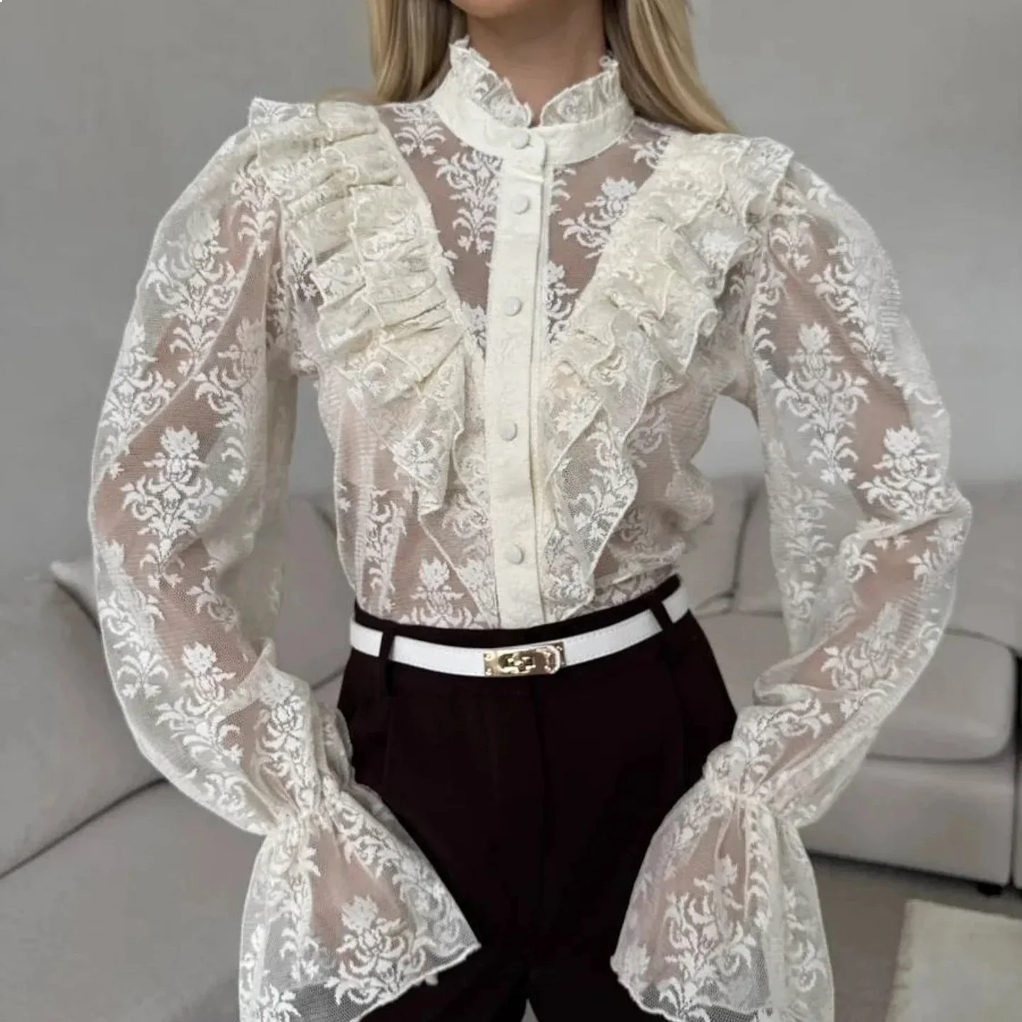 

Lace Blouse Sheer Bubble Sleeve Ruffle Zip Long Sleeve Cardigan Top Women Blouses Spring Summer Fashion Design