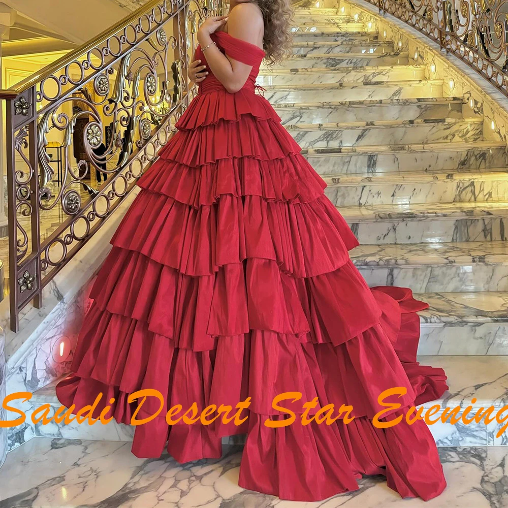 A-Line Strapless Off the Shoulder Velour Short Sleeves Red Graceful and Classic Evening Dresses Tiered Pleats Lace Up Back