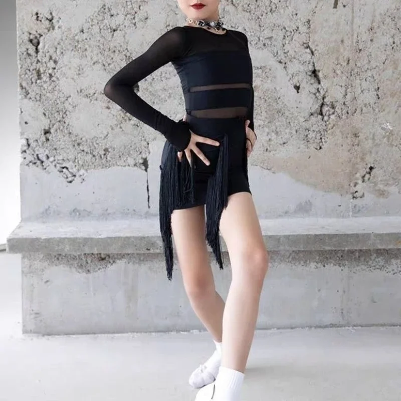 Child Latin Dance Dress Mesh Long Sleeves Top Fringe Skirt Set Cha-cha Samba Training Suit Clothes Performance Costume for Girls