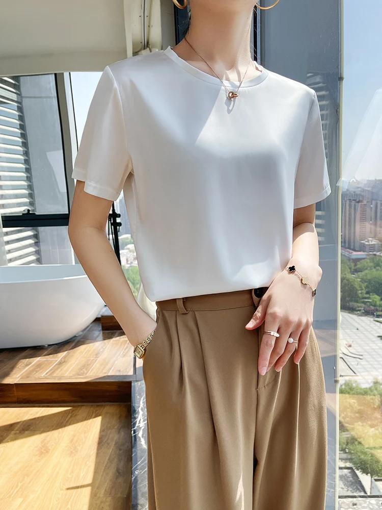 Women's Short Sleeve Silk T-Shirt, O-Neck Tops, Loose Silk, Casual Satin Tees, Monochromatic, Summer Fashion,New Style Discounts