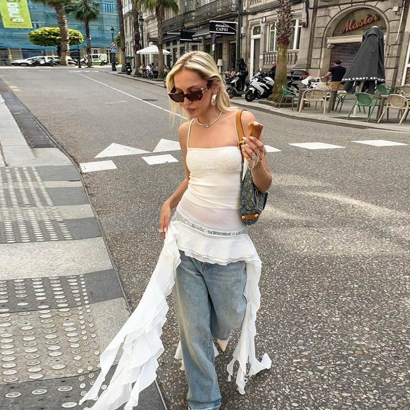 

Sexy Lace Sheer Suspenders Shirts Y2k Off-Shoulder Ruffle Tops Streetwear Chic Club Party Lady Tank Top Casual T-shirt For Women