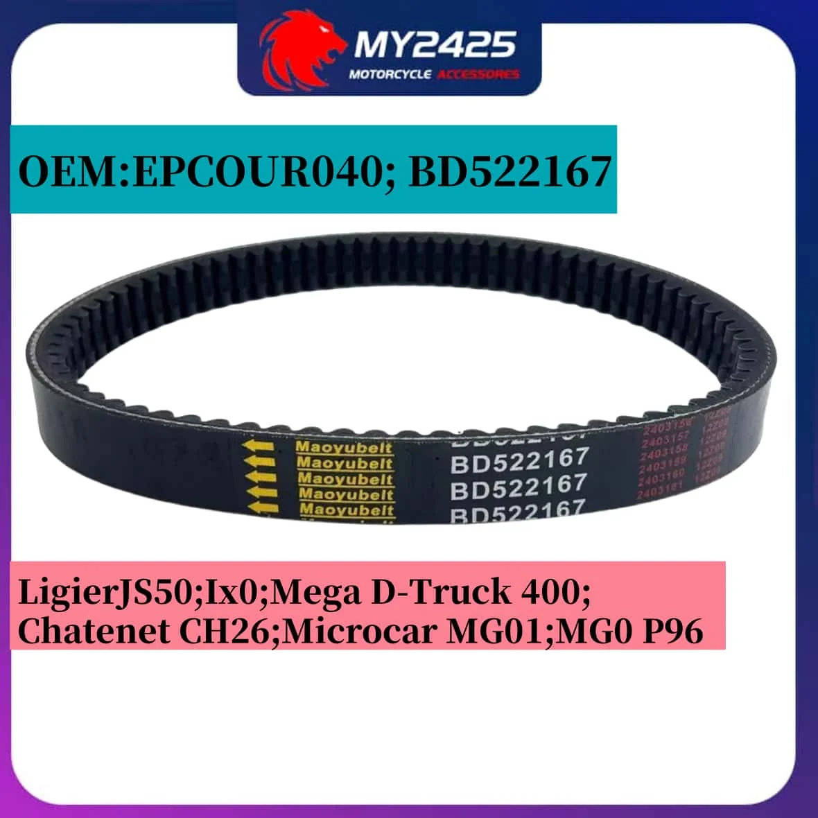 

Drive Belt for Transfer Clutch Drive Belt For Codlice EPCOUR040 BD522167 Ligier JS50 Chatenet CH26 Microcar MGO1 Motor Yanmar