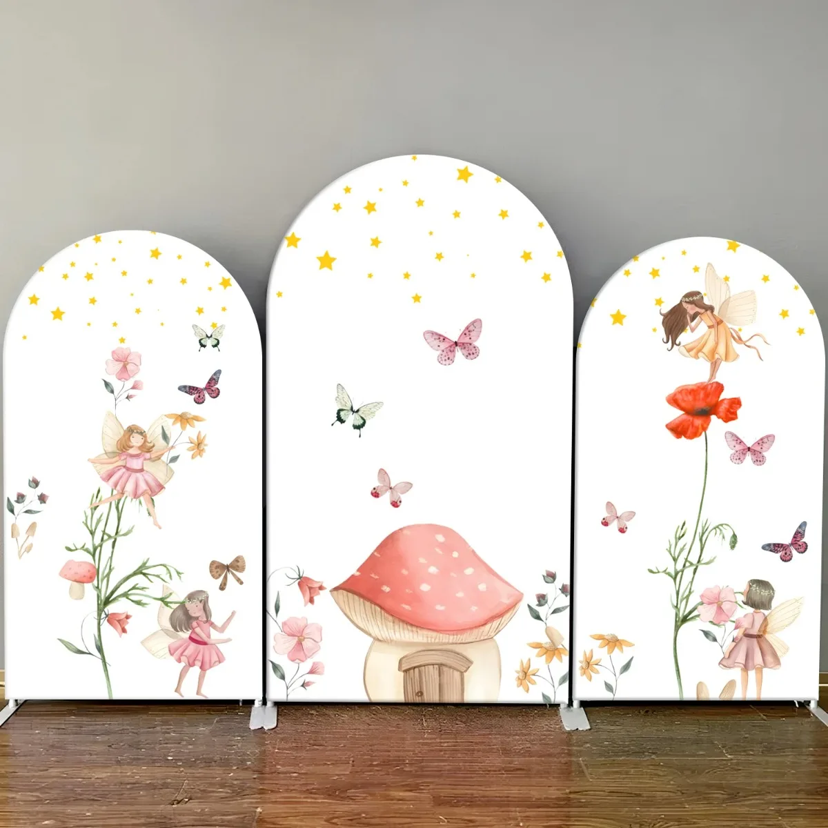 

Flower Fairy Girl Arch Backdrop Cover Mushroom House Butterfly Baby Shower Kids Birthday Party Decor Photograph Background Wall