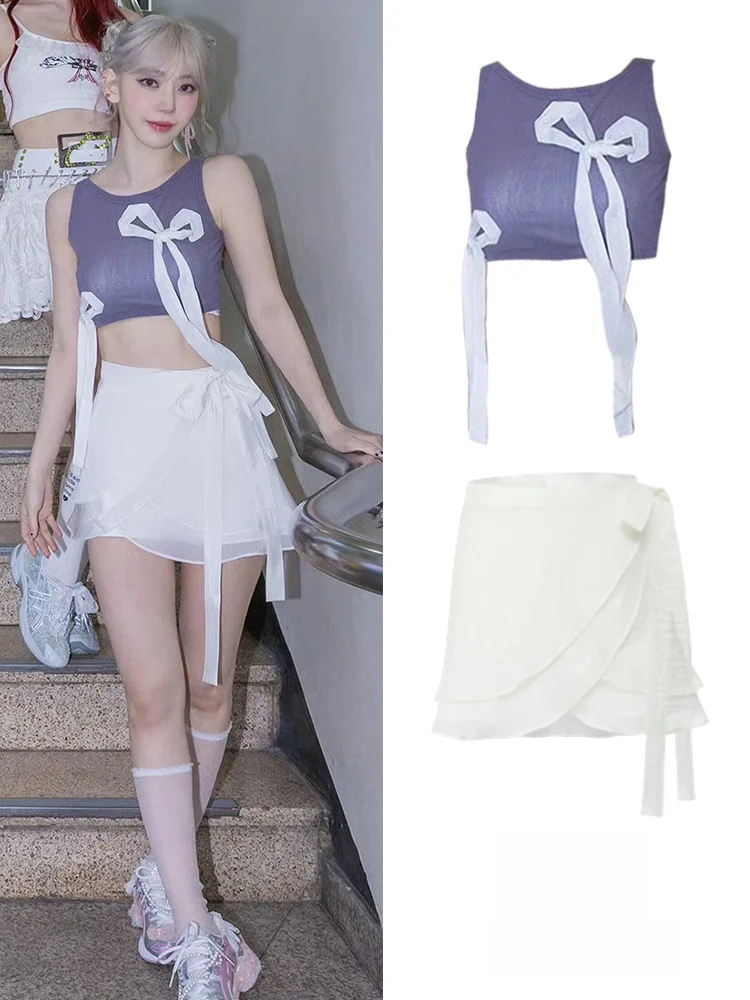 

Cici Zhuang Stage Performance Costume Purple Grey Knot Tie Vest Mesh Skirt Half-length Dancewear for Women 18-25 Ye...