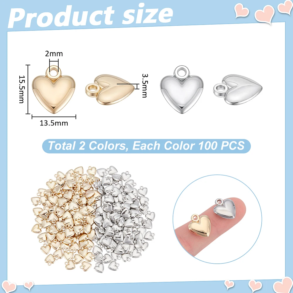 200pcs 2 Colors Puffy Heart Tiny Love Pendant CCB Plastic Pendants Peach Charms Platinum Golden Dangle Pendants