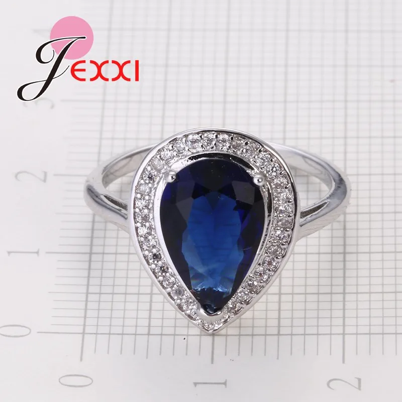 Luxurious and Generous Water Drop Shape Ocean Blue Crystal Stone Ring Shopping Match Outfit Jewelry 925 Sterling Silver