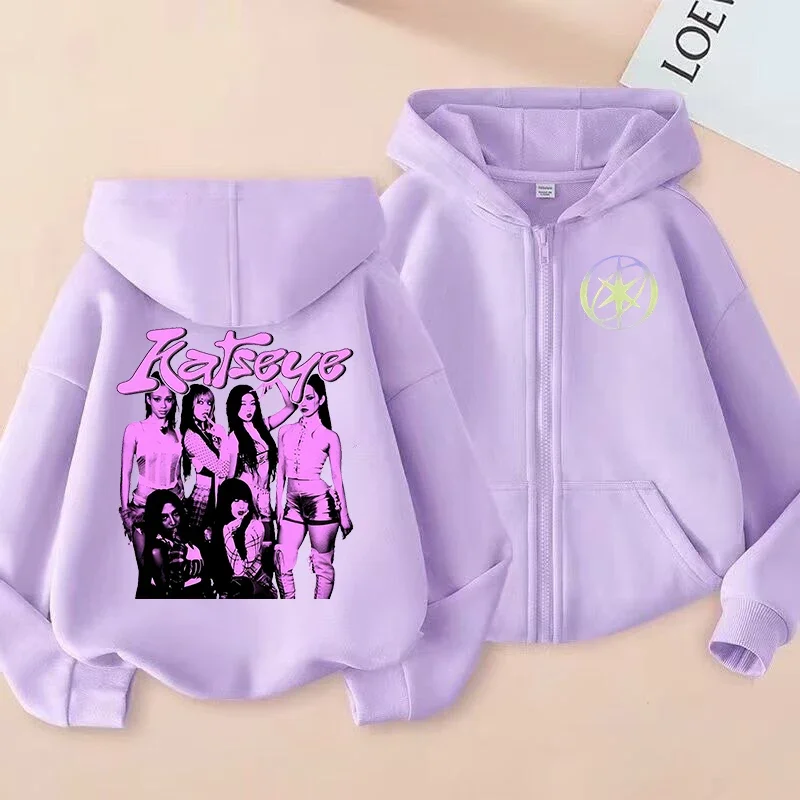 Katseye Graphic Print Zip-Up Hoodie – Girls' Warm Fall/Winter Apparel (2026) – Stylish Casual Children's Zip-Up Sweatshirt