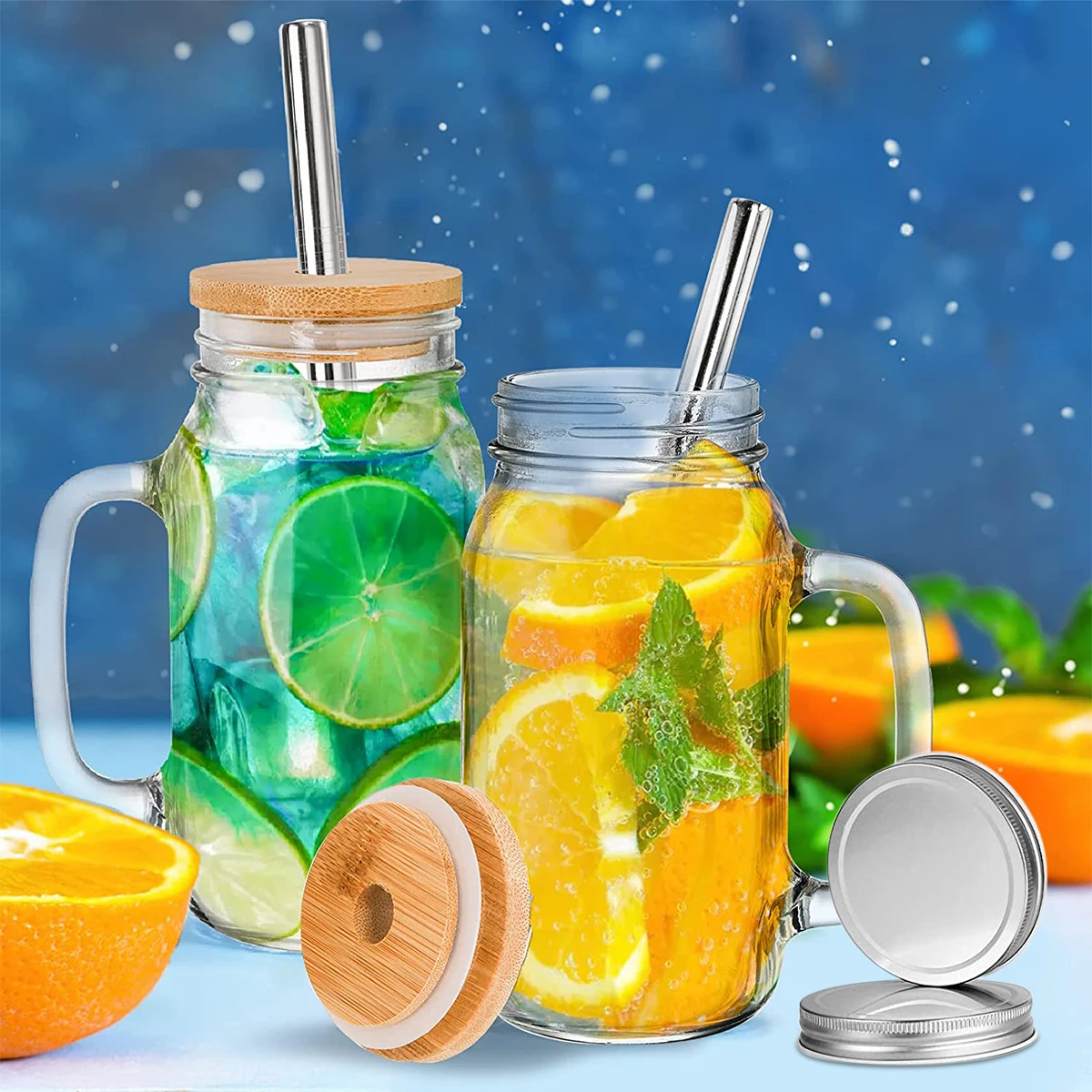 

2Pcs Beverage Glasses 700ml Straw Cups with Lids Oatmeal Breakfast Cups Beer Glass Tumbler with Handle for Soda Coffee Tea Juice