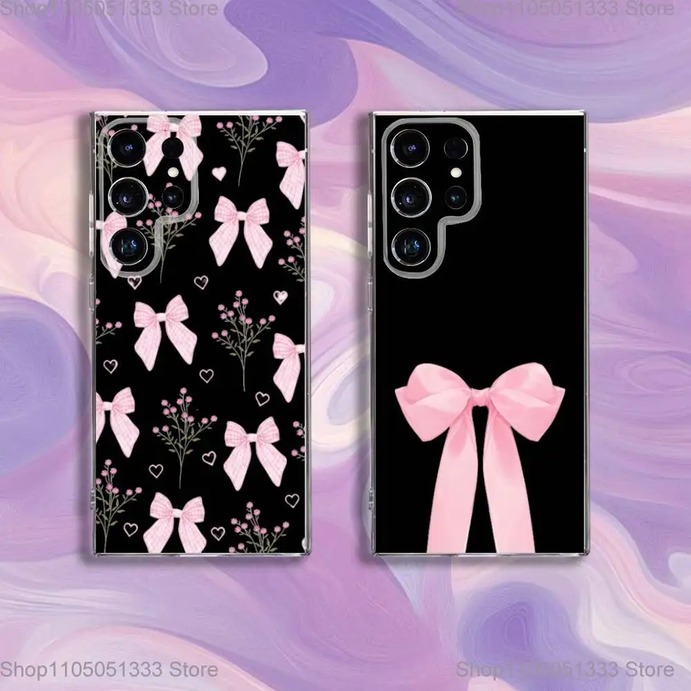 

Cute Pink Bow Korean Phone Case For Samsung S24,30,21,22,23,20 FE,lite,PIus,Ultra,5G,Note,9,10 Transparent Cover