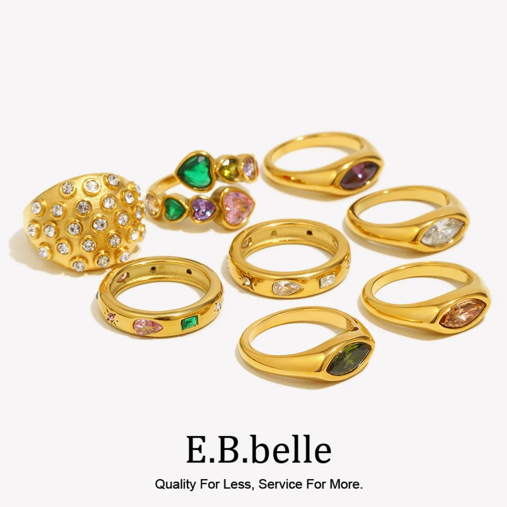 E.B.belle Rectangular Water Droplet Geometric Zircon Bubble Round Top Horse Eye Seal Heart White Colorful Stainless Steel Ring