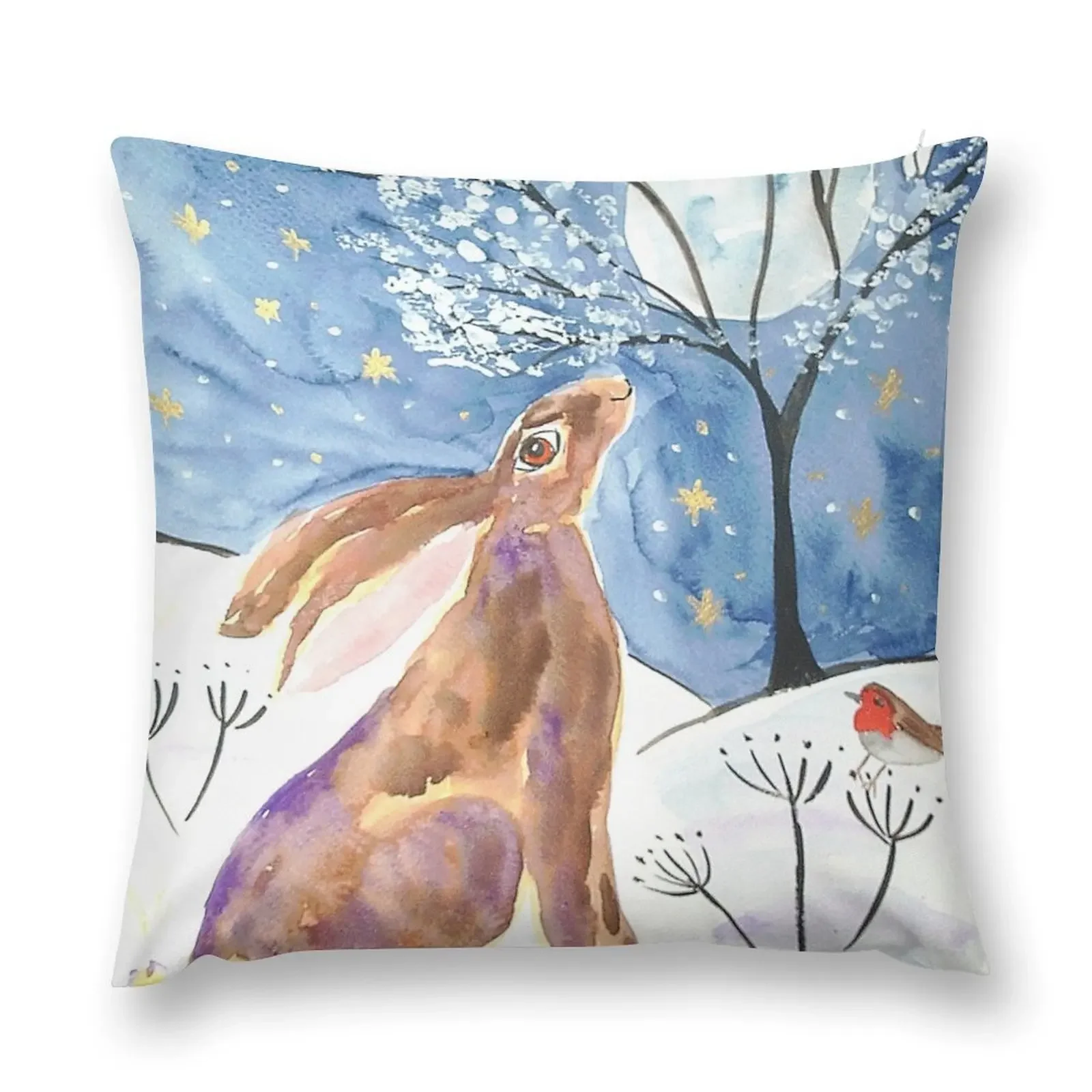 

Hare and a Robin Moon gazing in the Snow Throw Pillow Sofa Covers For Living Room Decorative Cushions For Living Room pillow