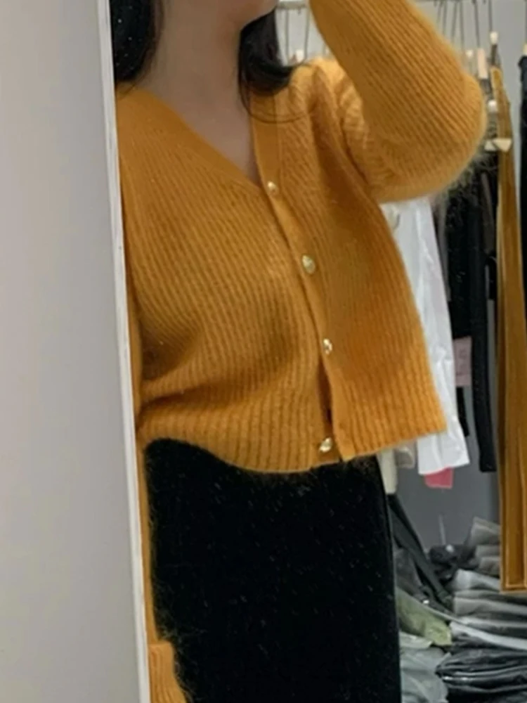 

Soft Orange Knitted V-Ne Cardigan Women's Spring New Sle Korean Sle Sweater Jaet Trendy Long Sve Camere Coat