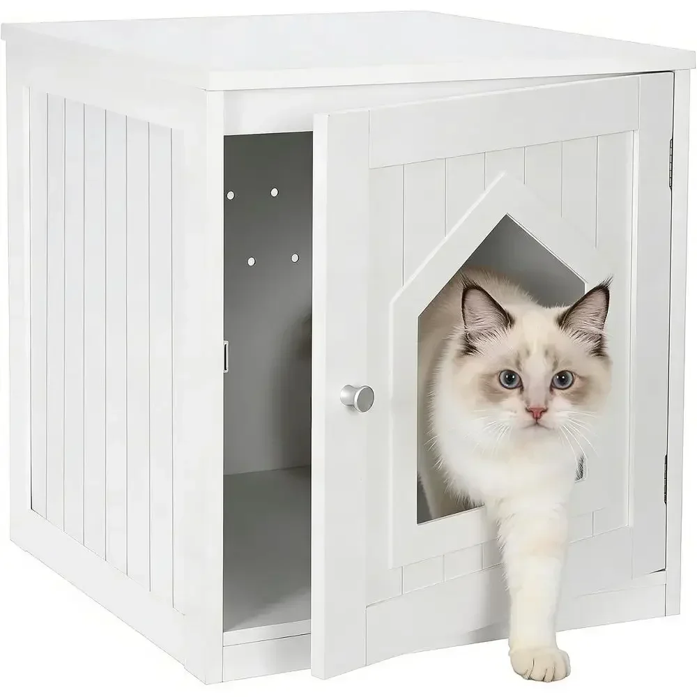 Cat House & Side Table, Enclosed Cat Litter Box with Vent Holes, Wooden Cat Washroom, White