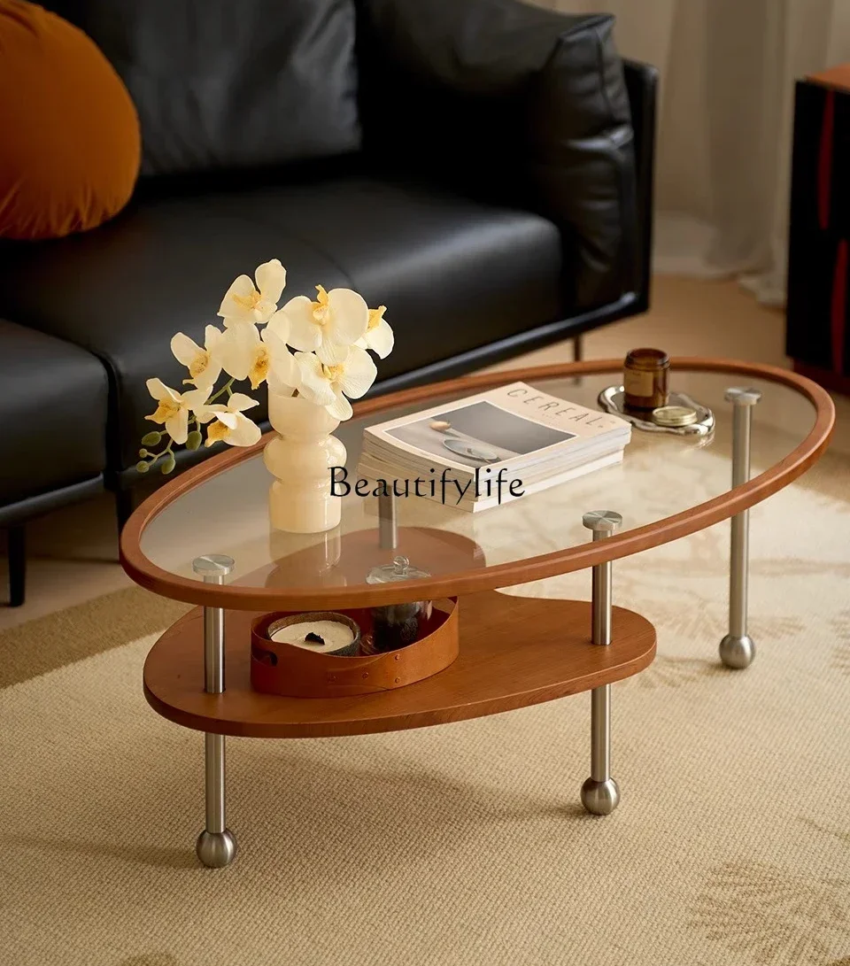 

1Peach Glass Coffee Table Vintage Style Oval Retro Tempered Glass Cherry Wood Low Table