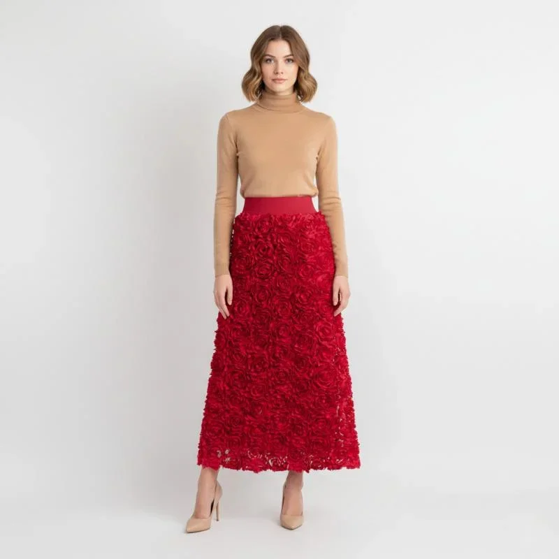 Women’s Elegant Red Floral Texture Long Skirt High Waist Design Soft Fabric Flowing Style For Party Banquet Holiday Evening Wear