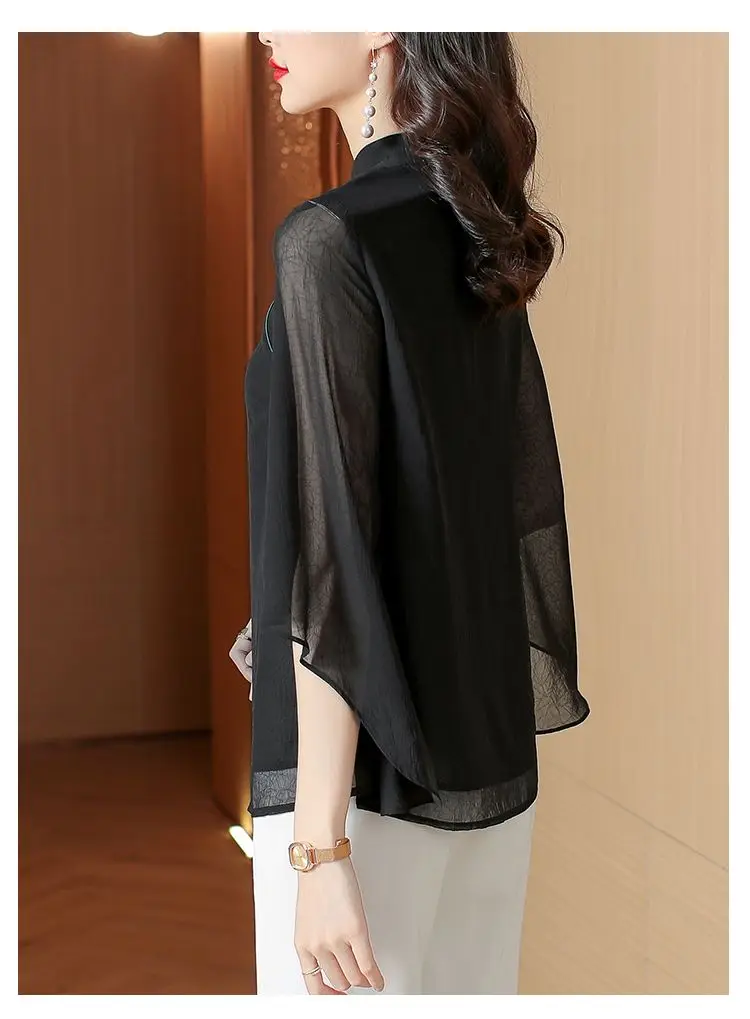 New Chinese Style Improved Cheongsam Five-point Sleeve Chiffon Shirt Top for Women's Summer New Pullover