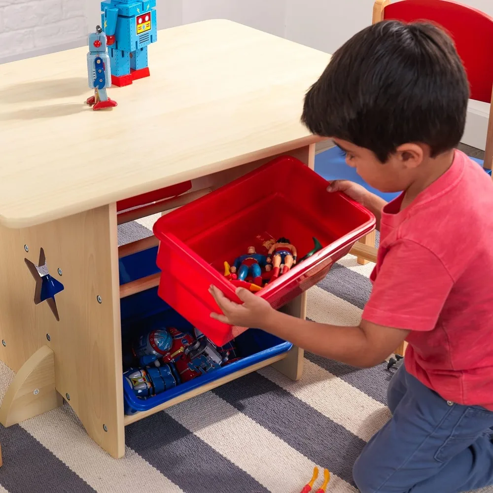 Wooden Star Table & Chair Set with 4 Storage Bins, Children's Furniture – Red, Blue & Natural