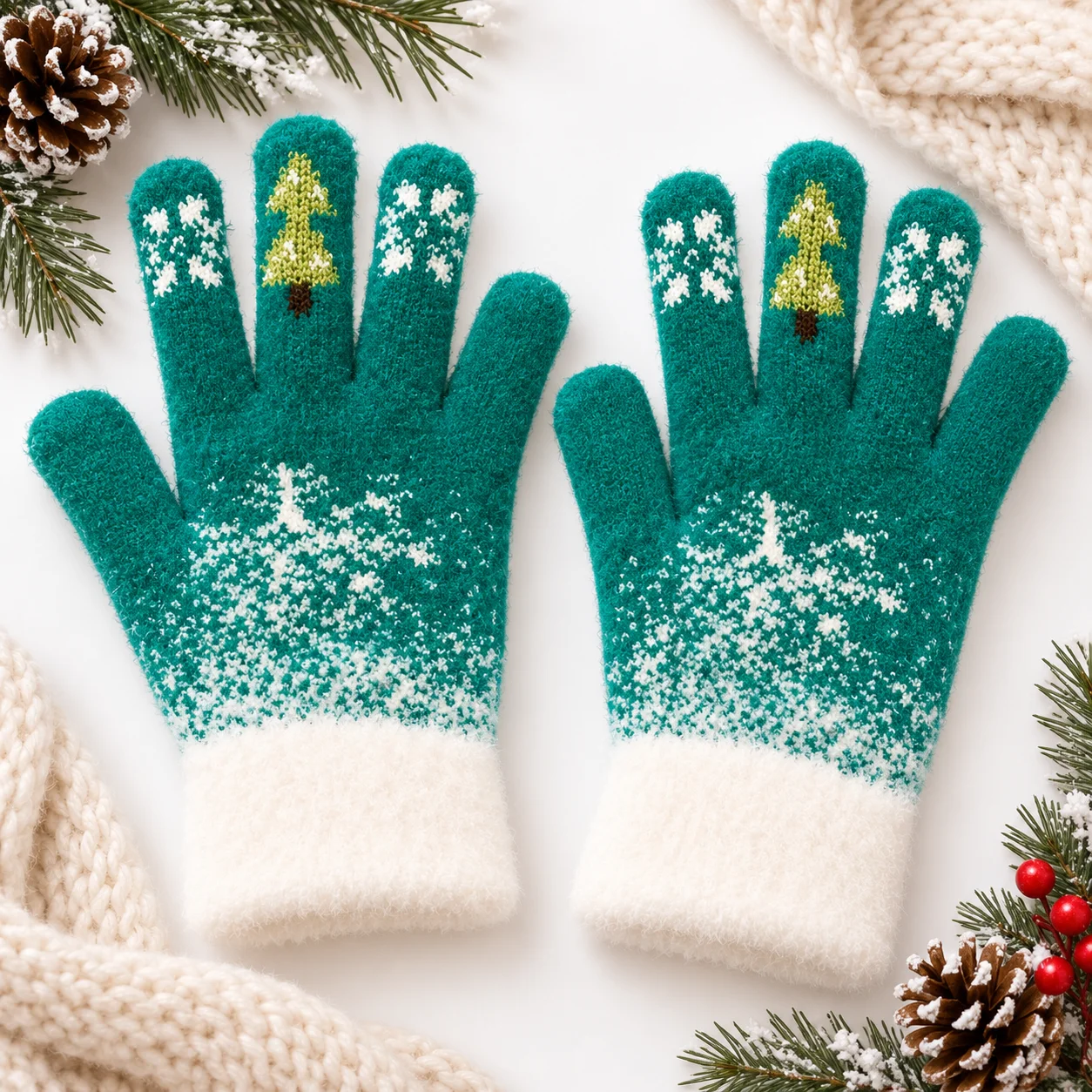 Christmas Knit Gloves With Snowflake Tree Pattern, Soft Fuzzy Cuff Gloves, Cute Holiday Outdoor Casual Full Finger Gloves