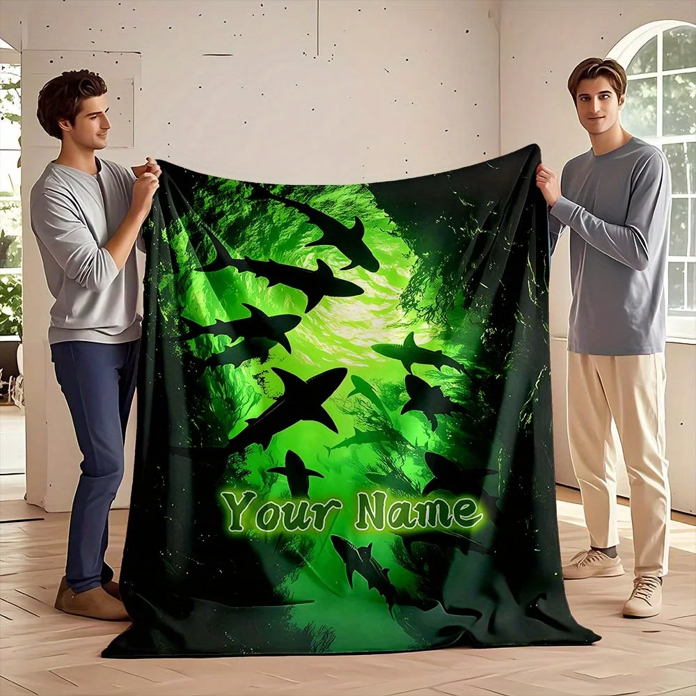 Custom Name Green Deep Sea Shark Silhouette Print Flannel Blanket Soft Throw for Sofa Bed Couch All Season Boys Room Decor Gift