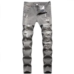 European American Holes Jeans Men Casual Gray Washed Teenagers Stretchless Mid Waist Slim Fitting Denim Pants Ripped Jeans