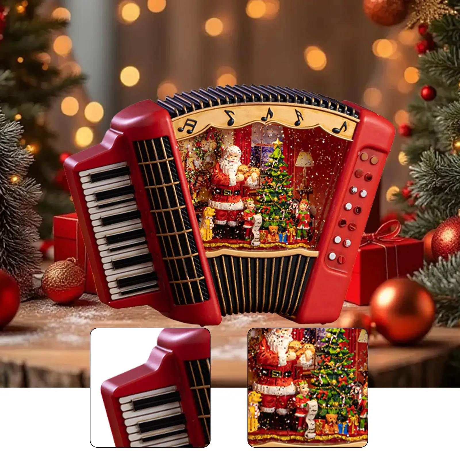 Musical Christmas Snow Globe Accordion Statue with Swirling Glitter Music Box Christmas Gift Table Centerpiece for Desk Festival