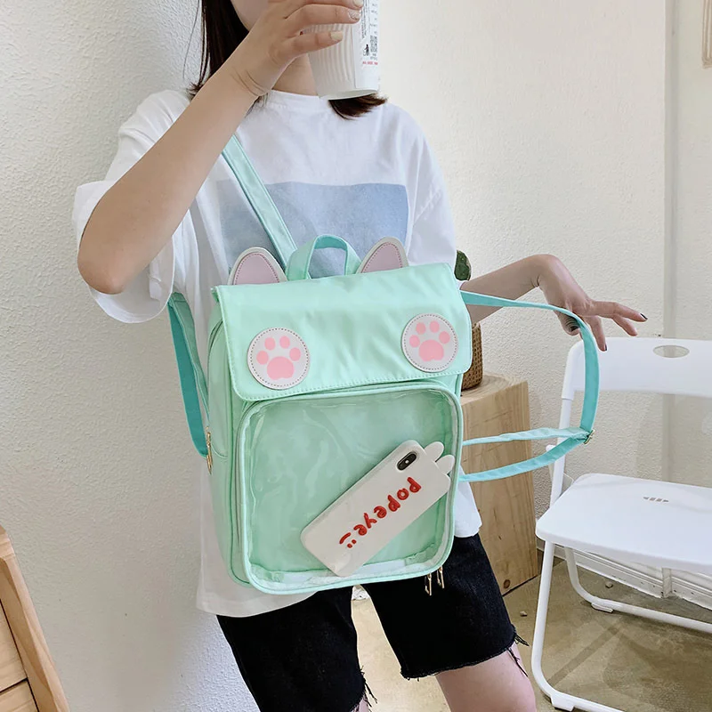 Women Cute Backpacks ITA Bag With Cat Bagging Back Packs Paws School Bag For Teenager Girls Transparent Bookbag Clear Itabag