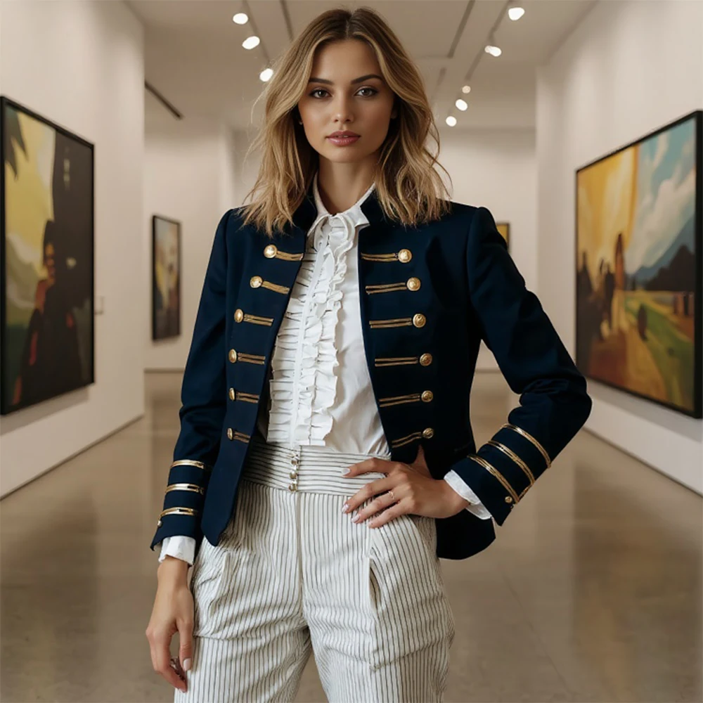 سترة مزدوجة الصدر للنساء البريطانية خمر الوقوف طوق كم طويل الخريف معطف قصير ملابس خارجية الرجعية غير رسمية 2025