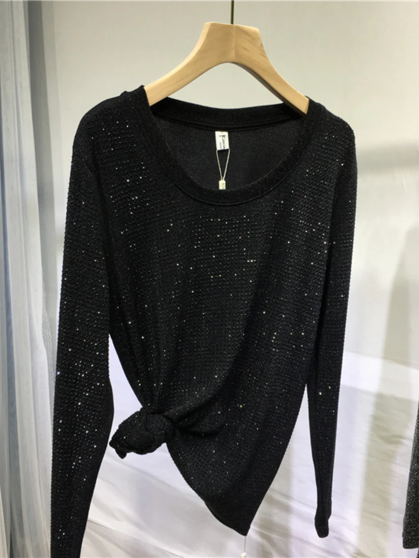 Hot Drilling Silver Shiny Crystal Bottoming Shirt Women Round Neck Loose Long Sleeve T-Shirt Top 2023 New Spring Summer Clothes