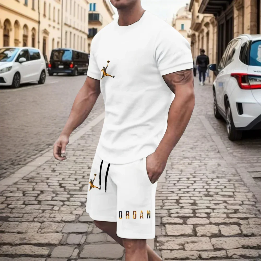 

New trendy men's summer sports wear, short-sleeved round-neck T-shirt with drawstring shorts, breathable suit