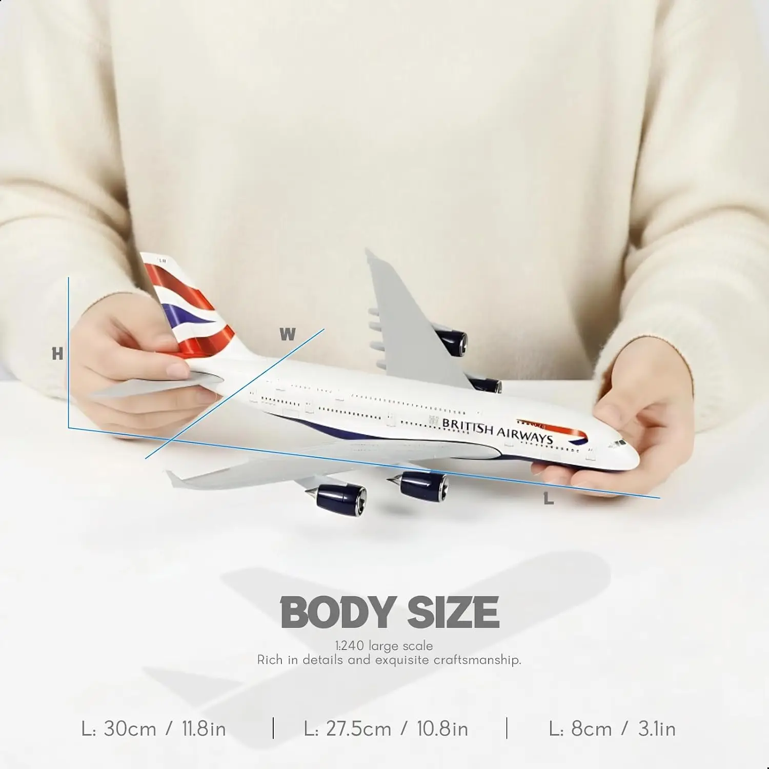 30cm 1/240 Scale Aircraft British Airways A380 Diecast Resin Airplane Model with Stand Desktop Display Aviation Gift Decoration