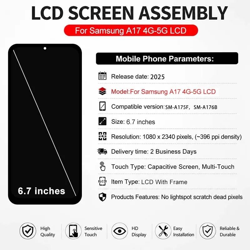 Pantalla OLED de 6.7" para Samsung Galaxy A17 SM-A175F, con táctil, para A17 5G SM-A176B 2