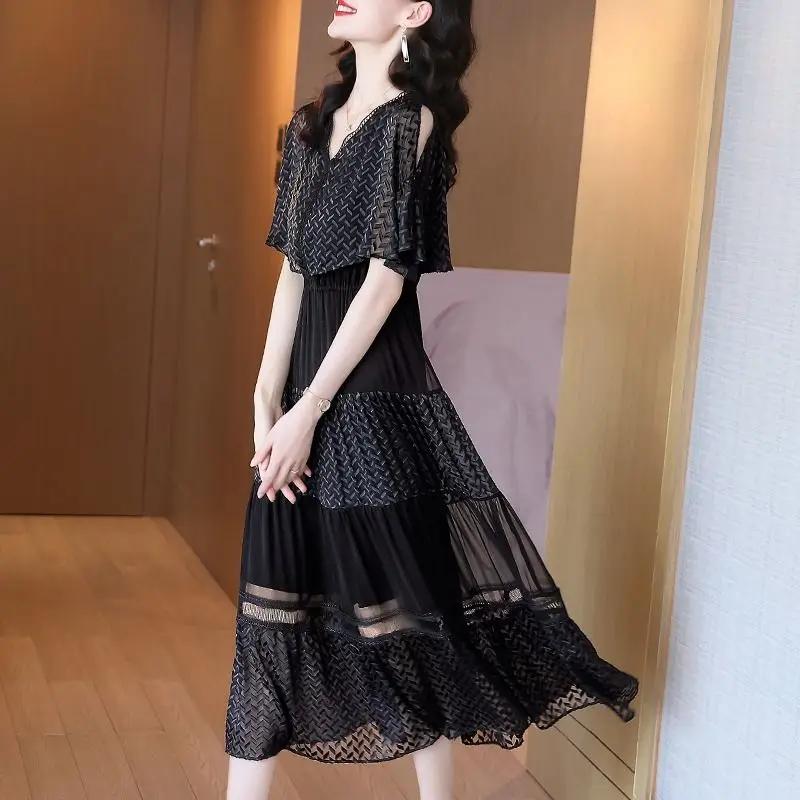 Summer New Stylish Off Shoulder Midi Dress Elegant V-Neck Female Clothing Hollow Out Lace Patchwork Commute A-Line Waist Dresses