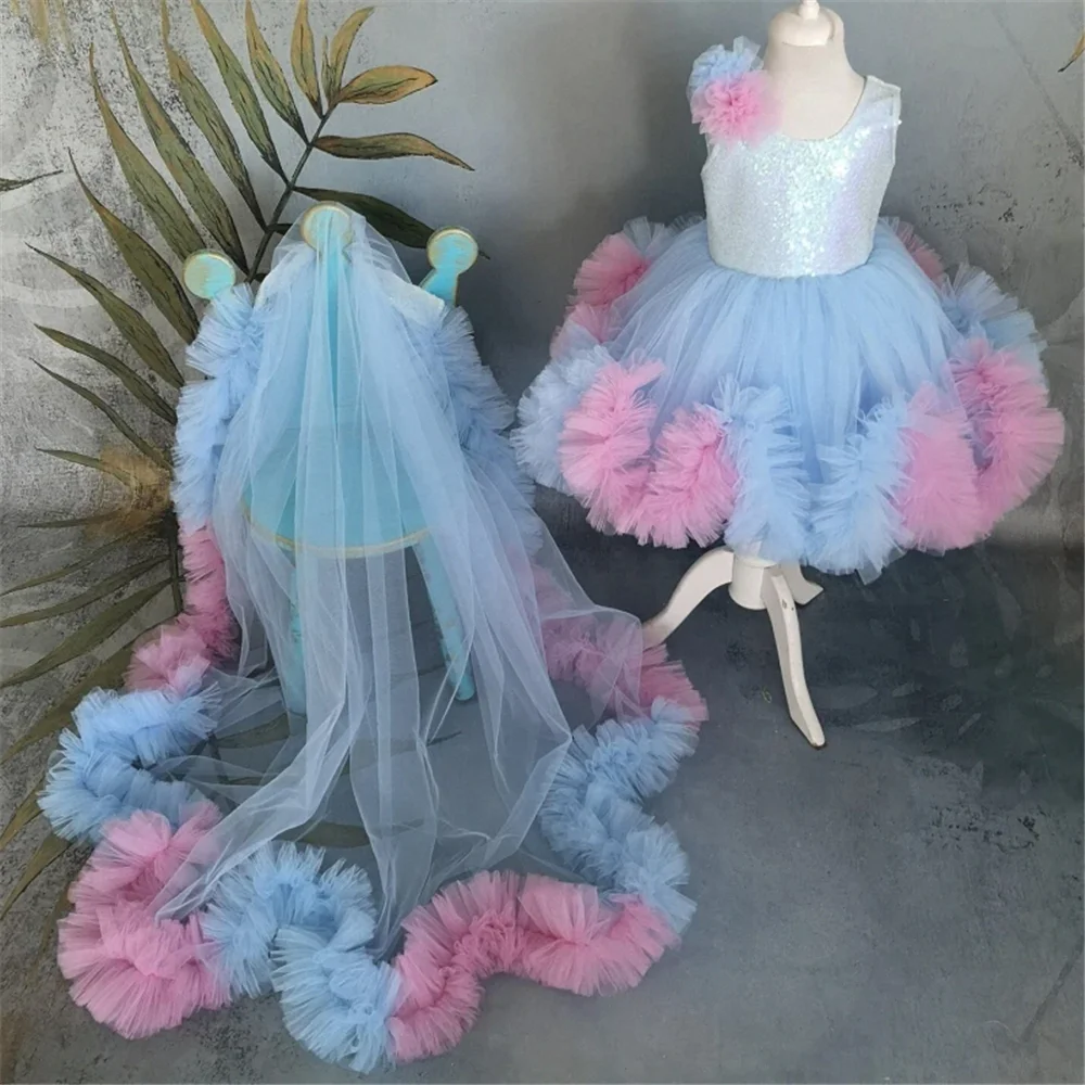 Abiti da ragazza di fiore angelo blu Tulle con paillettes con fiocco senza maniche per matrimonio, regalo di compleanno per bambini, abito da prima