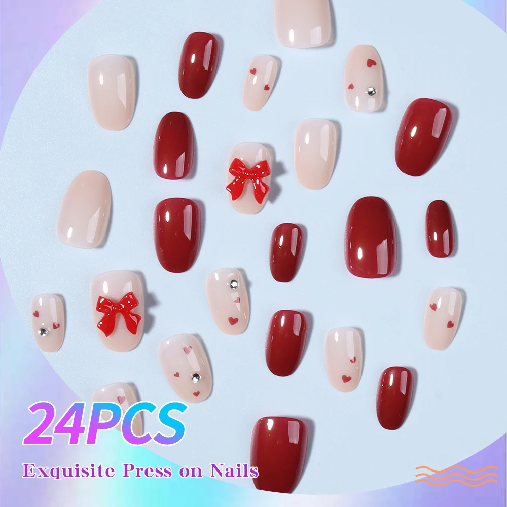 24個入り ショートオーバルボウ ラインストーンデザインチップ付き プレスオンネイル ショートフィット パーフェクトアクリル付け爪セット内容：1個 ジェリーグルー