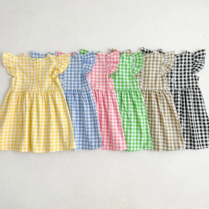 

2-6Y Girls Flying Dleeve Summer Kids Casual Dress Grid Cotton Dress New Baby Girls Sweet Cute Princess Children Clothes Vestidos
