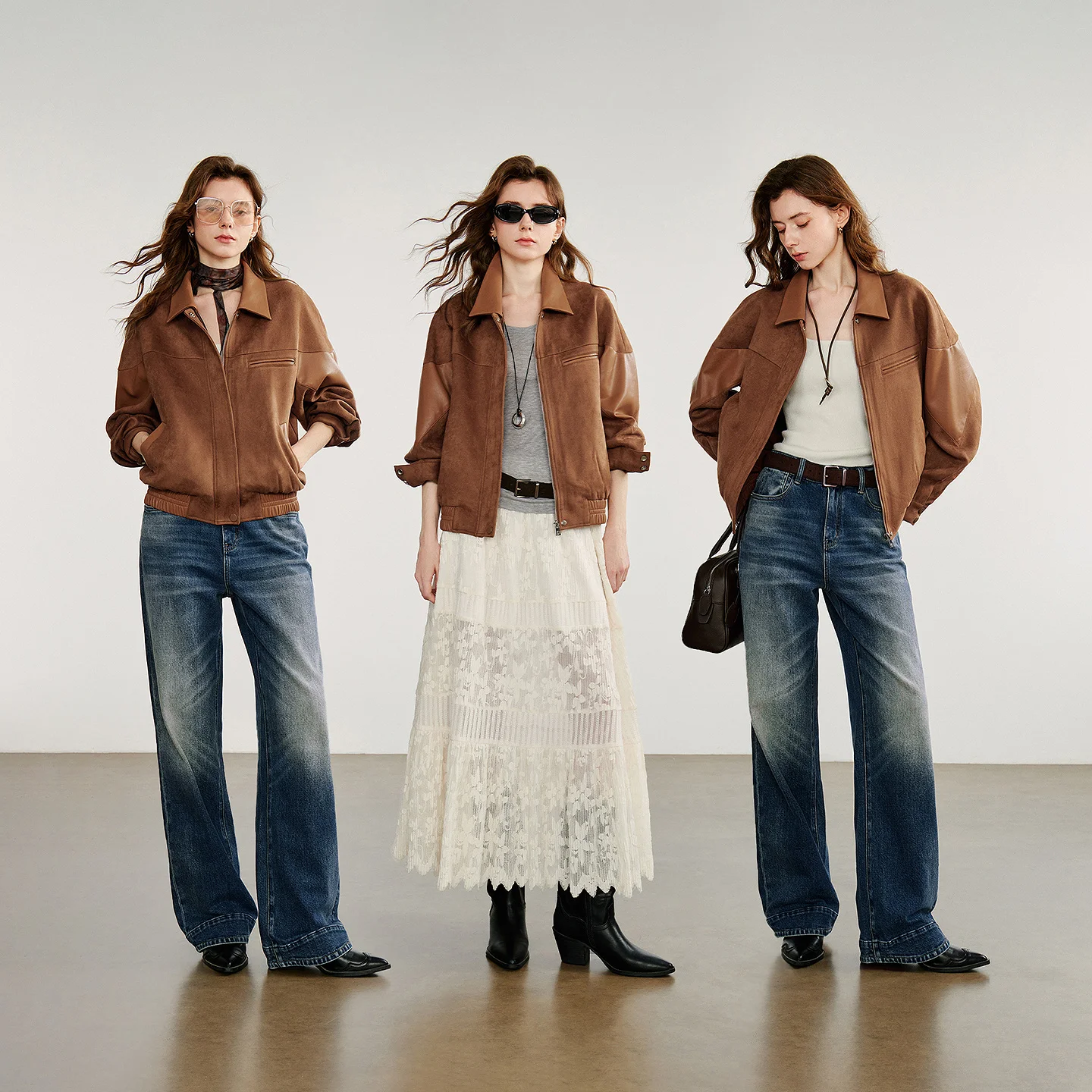 TOYOUTH Damska Kurtka Skórzana 2025 Jesień Nowy Nomadyczny Styl Retro Zamsz PU Skóra Łączona Kurtka Płaszcz