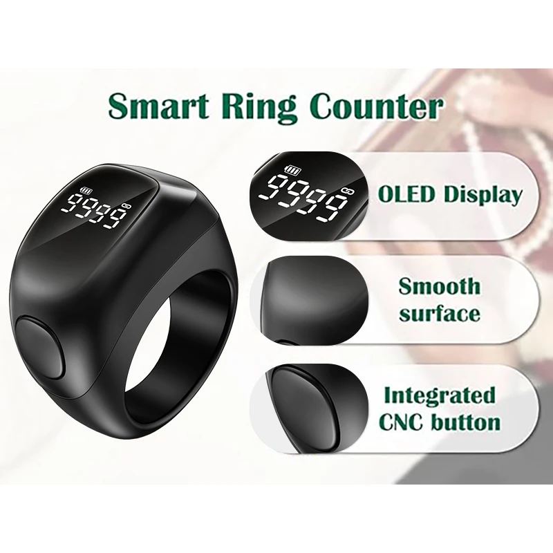 Smart Tasbih Tally Counter Ring For Muslims Zikr Digital Tasbeeh 5 Prayer Time Reminder Stainless Steel Qibla Rings