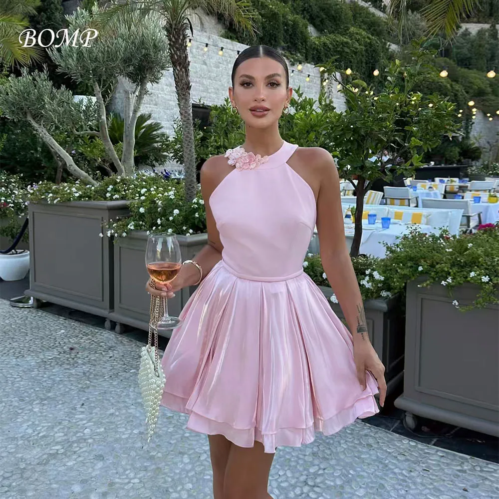

BOMP Elegant Pink Wedding Party Dress Halter Flowers Sleeveless Draped Shiny Satin Special Occasion Short Prom Gown Customized