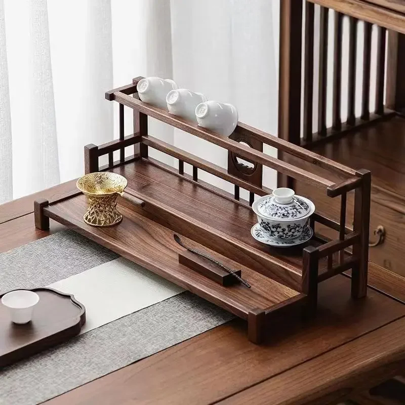 North American Black Walnut Double Layer Rectangular Tea Cup Holder New Chinese Style Tea Pot Lid Bowl Tea Set Storage Rack